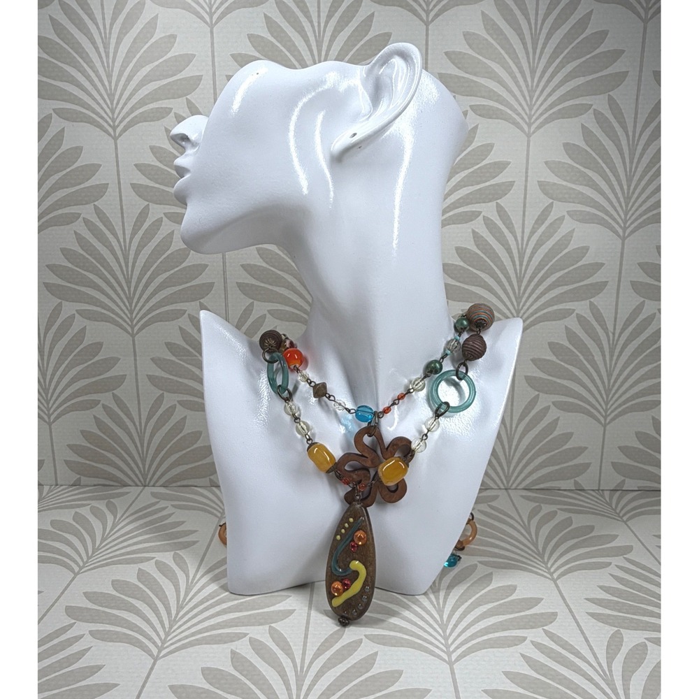 Vintage Treska Mixed Media Beaded Statement Necklace Boho Resin & Wooden Flower